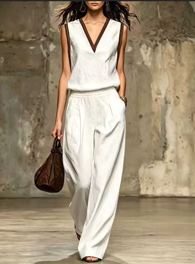 Linen Pant Wide - Çok Renkli V Yaka Detaylı Kolsuz