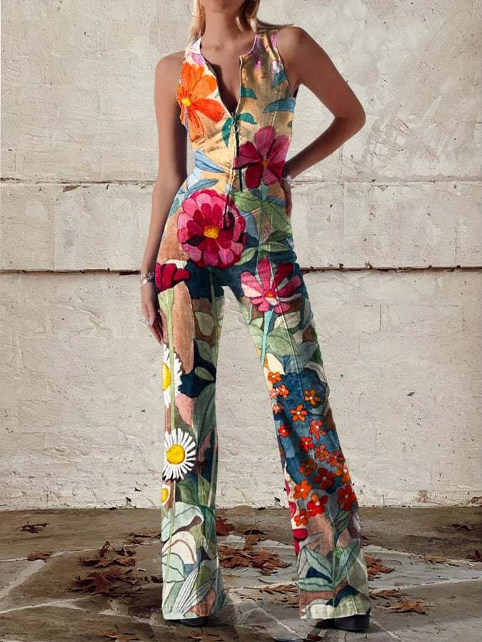 Romper Floral Print - Kadın Modası Yüksek Bel Fermuarlı Halter