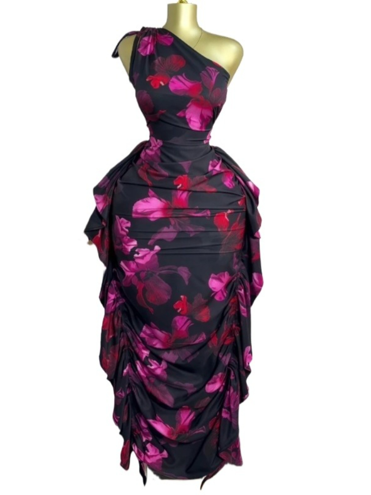 Midi Skirt Floral - Kadınlar Çiçek Baskılı Bir Omuz Kolsuz