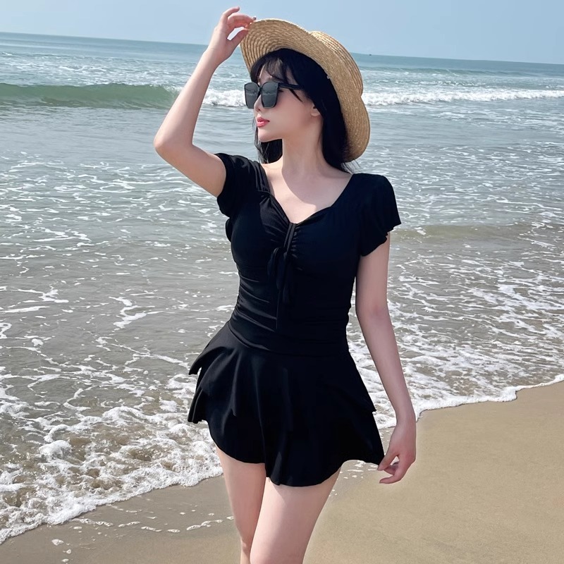 Swimsuit Bikini Ruched - Kadın Kırmızı V Yaka Etekli Tek