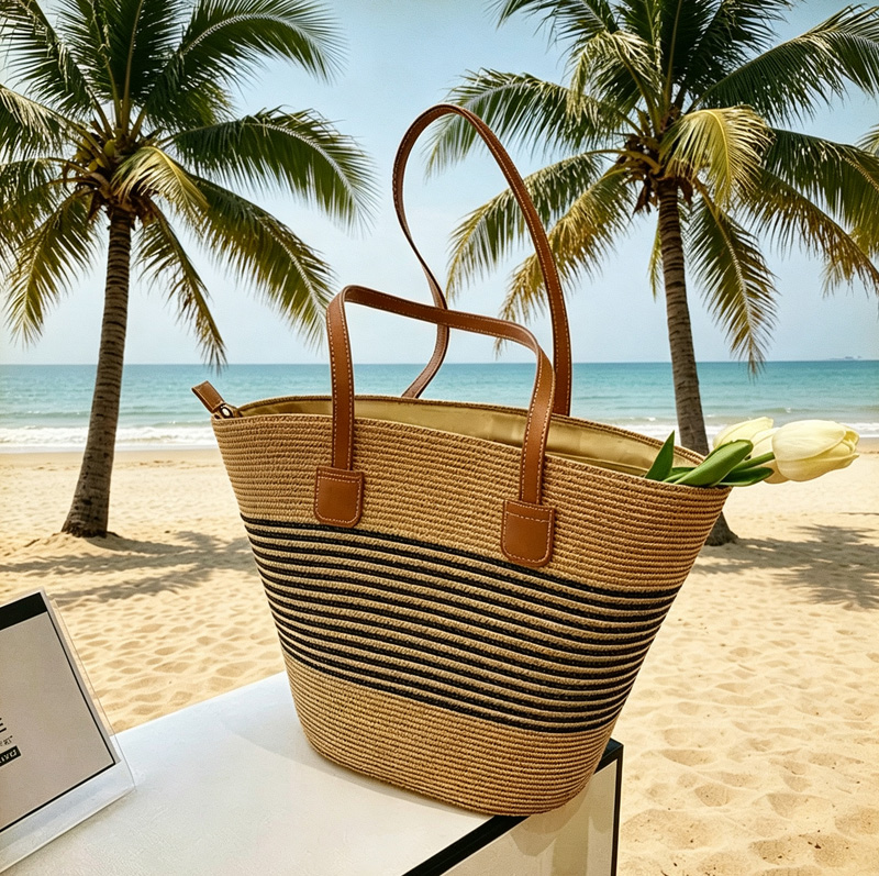 Tote Bag Beach - CLAREGQI Kadın Çizgili Hasır Çanta, Büyük